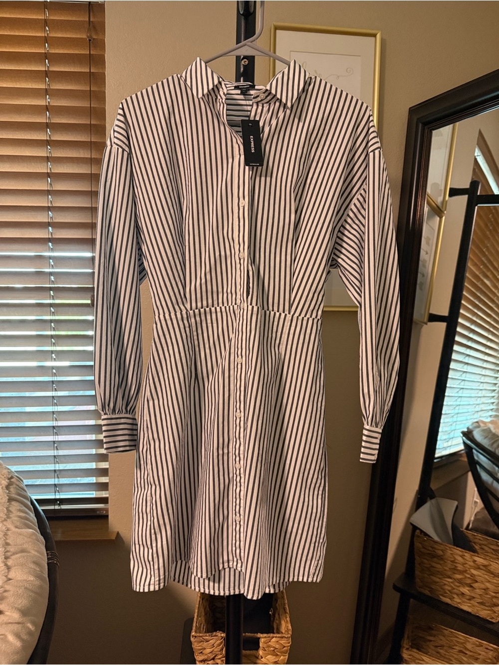 Express Black & White Striped Long-Sleeve Shirt Dress